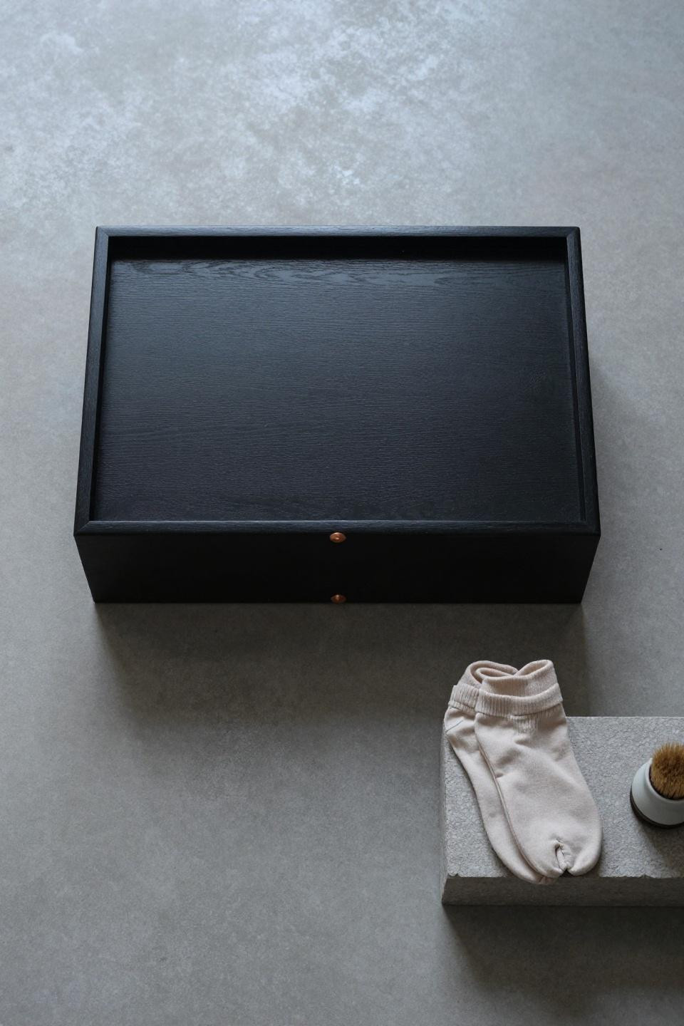 Simple shoe rack ideas with minimalist black lacquered pine box and sliding shoji panel