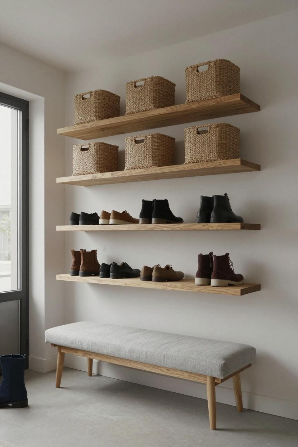 Small closet organization bedroom with Scandinavian wall-mounted ash plywood shelving