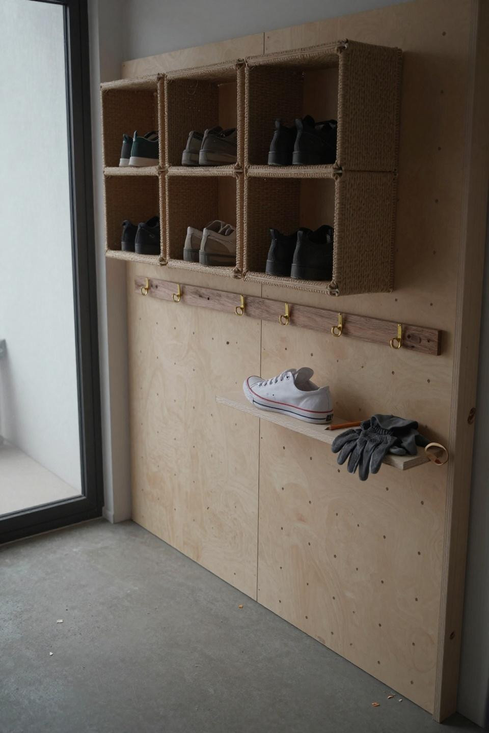 Small closet organization with DIY plywood pegboard wall and woven rope cubbies