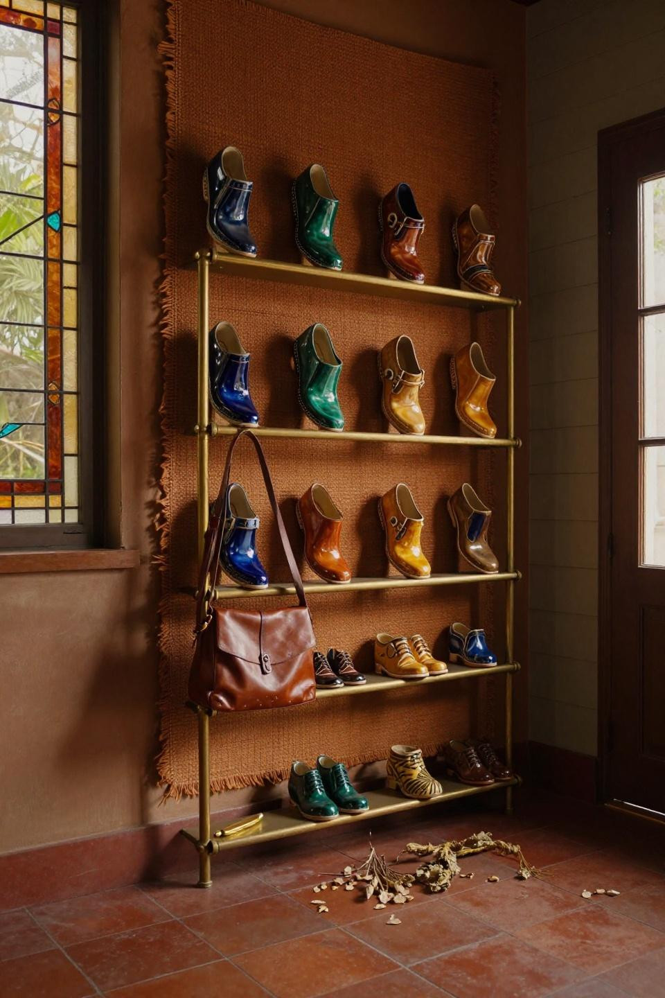Shoe storage solutions with vintage brass pipe wall system and hand-painted ceramic shoe molds