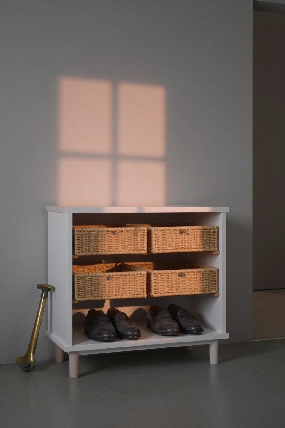 Modern shoe rack with compact Japanese white oak handleless cabinet and woven trays