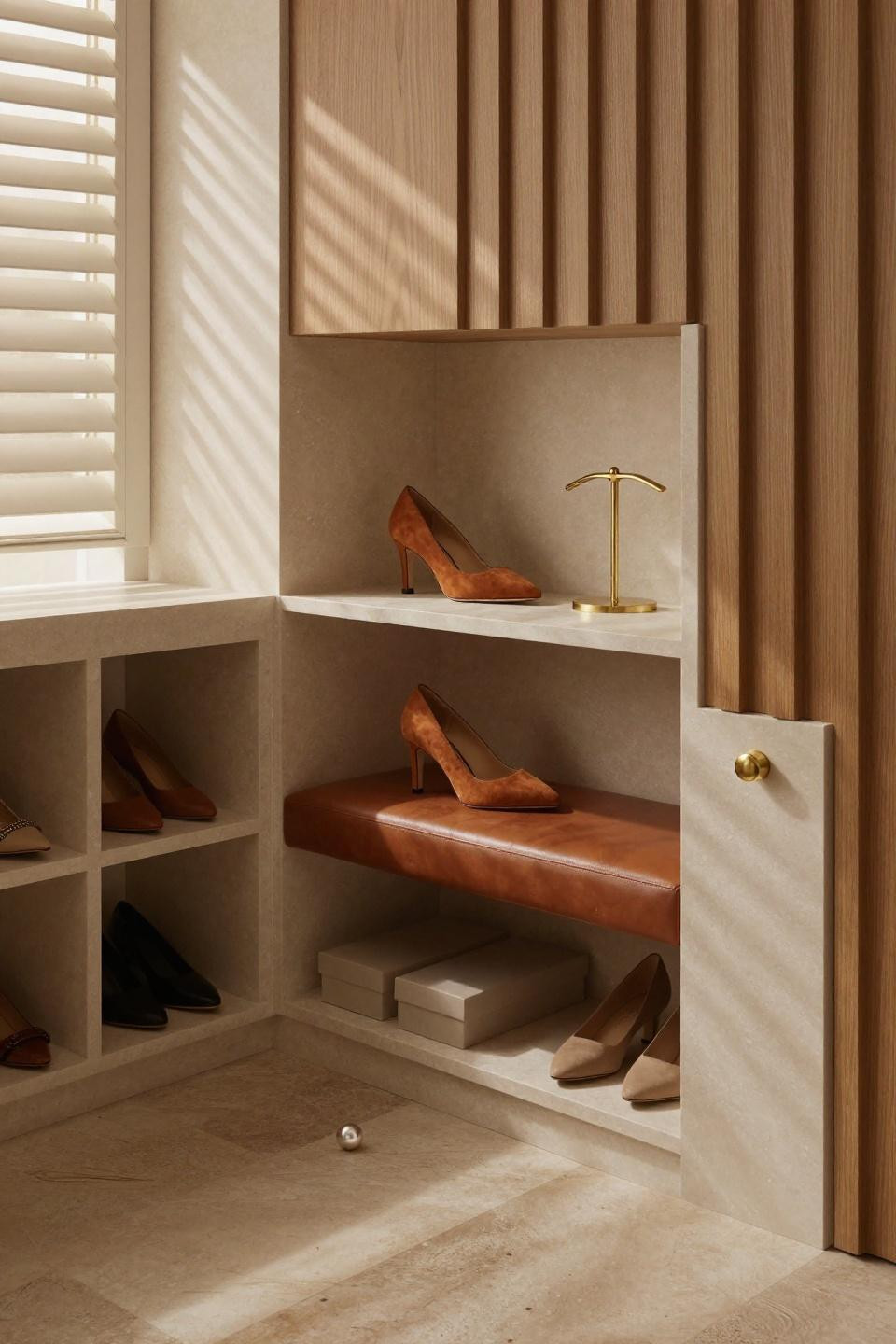 Shoe storage cabinet entryway with pale travertine niche and cognac leather bench