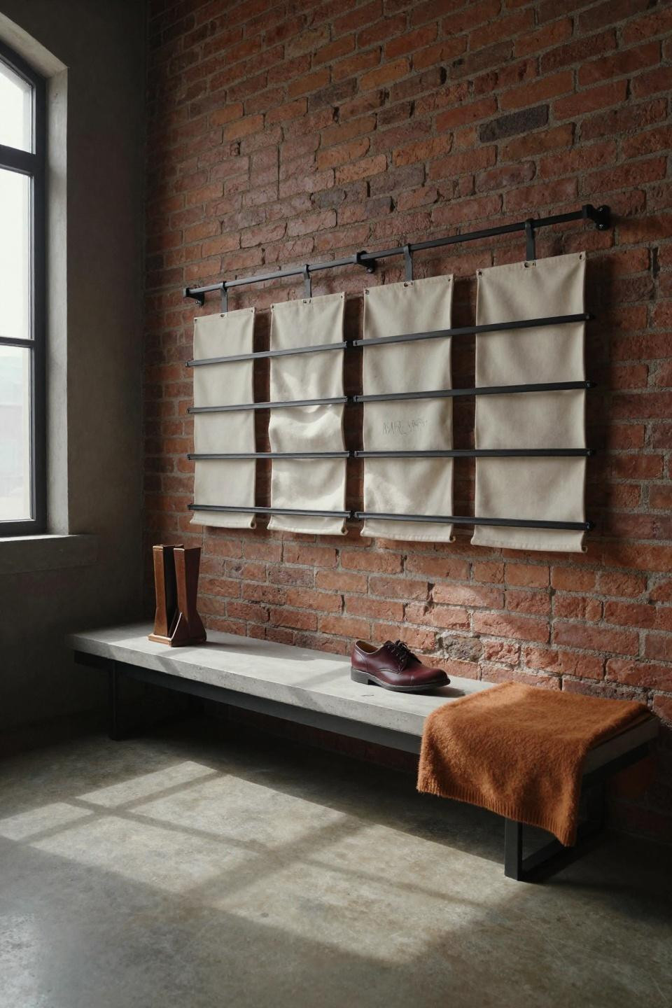 Shoe storage bedroom with matte black steel shoe rail system and canvas organizers