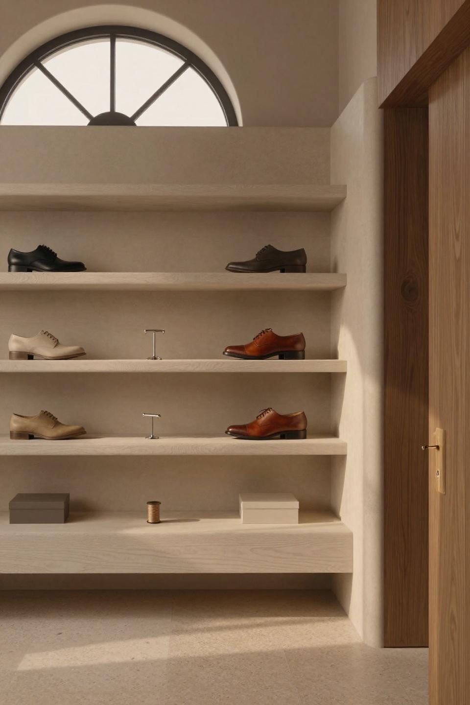 Shoe organization ideas with pale ash floating display shelves and whitewashed oak bench