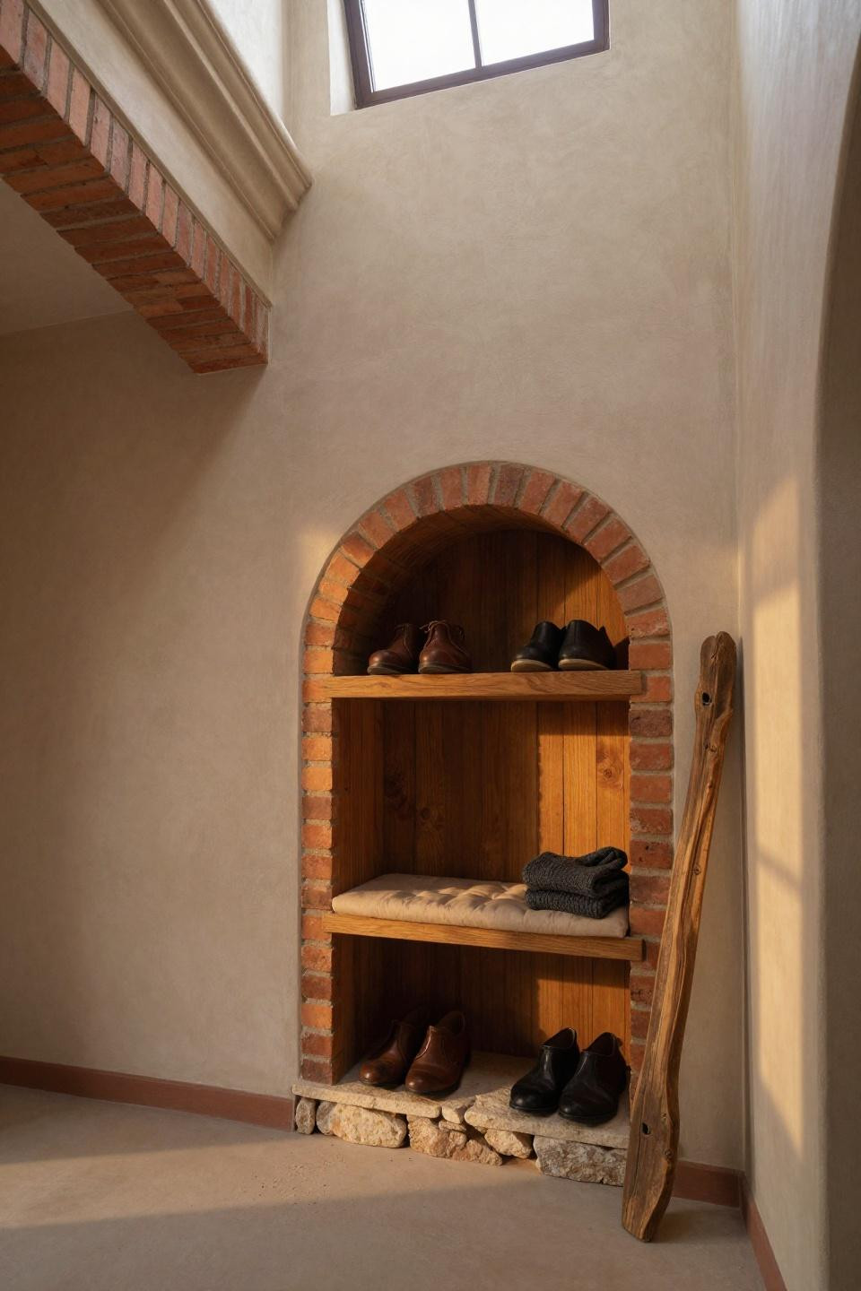 Shoe storage ideas with hand-carved wooden alcove in natural plaster wall