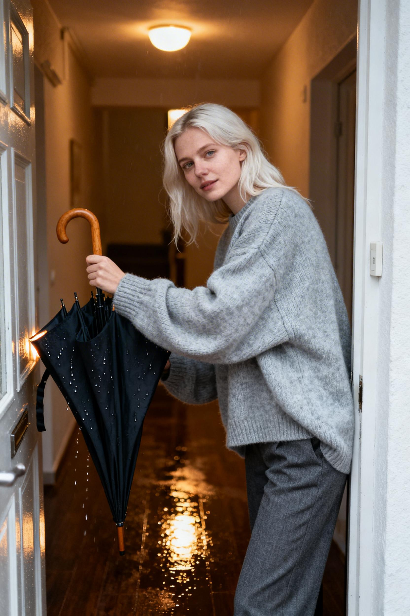 Rainy Weather Outfits For Work - dove grey knit wool trousers umbrella