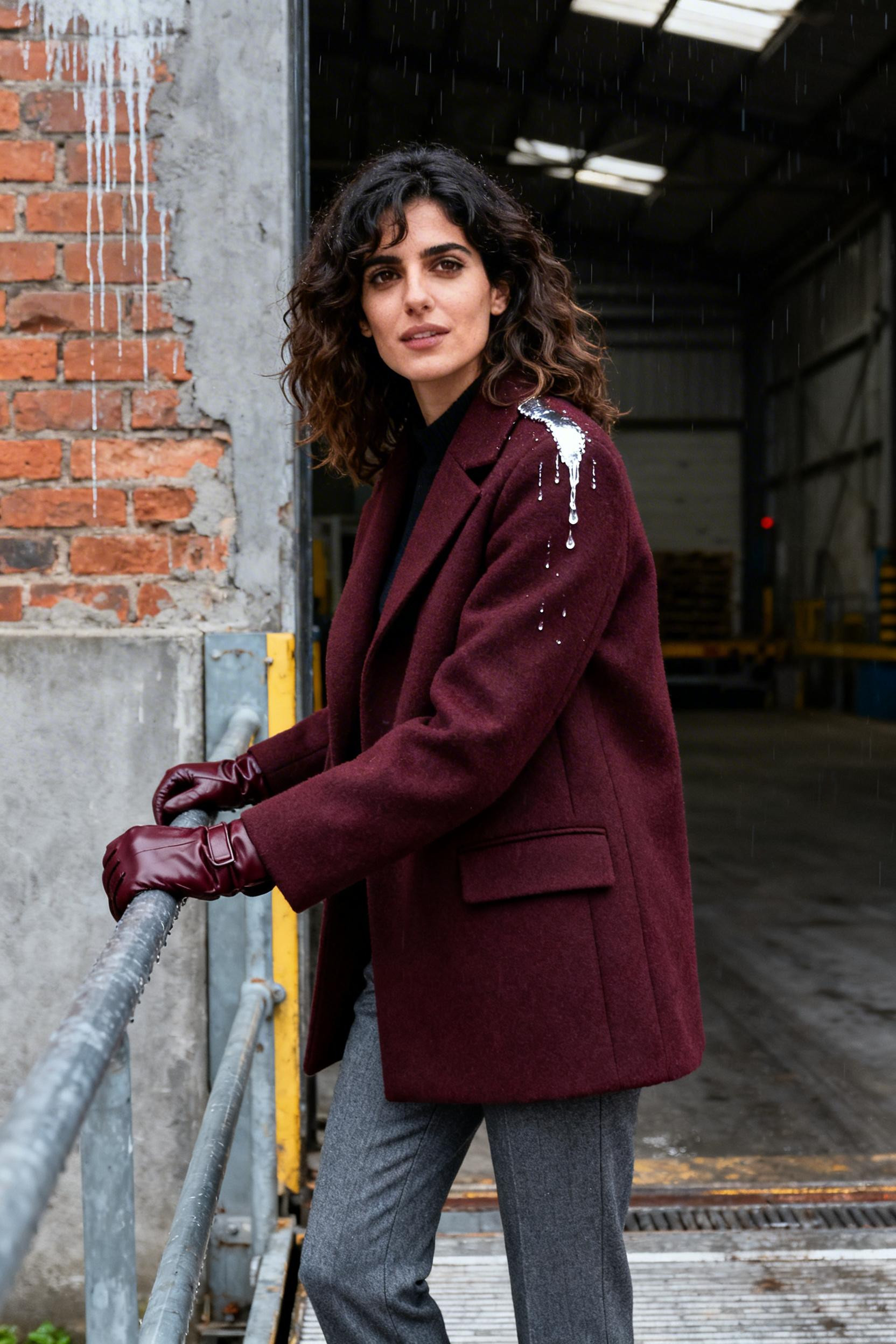 Classy Rainy Day Outfit - burgundy coat grey trousers leather gloves