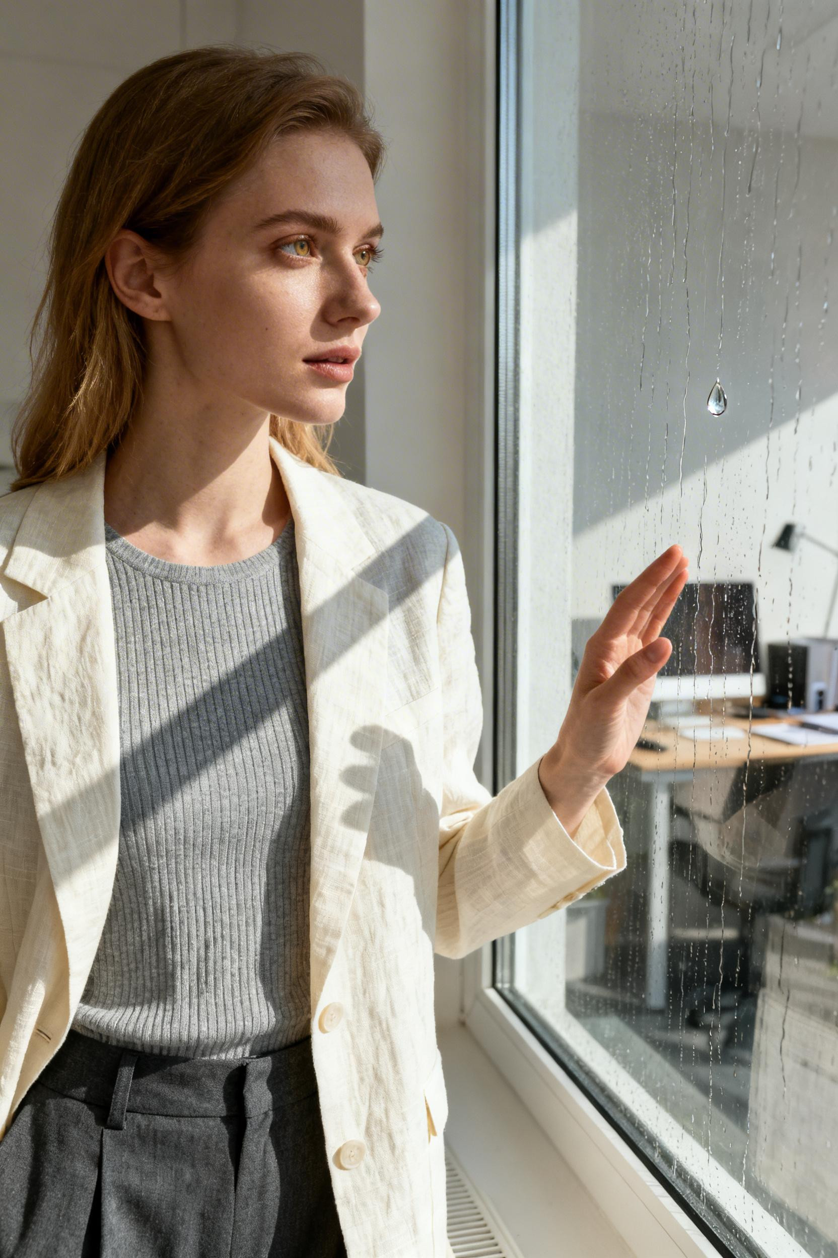 Fall Rainy Day Outfits Work - cream blazer grey knit charcoal trousers