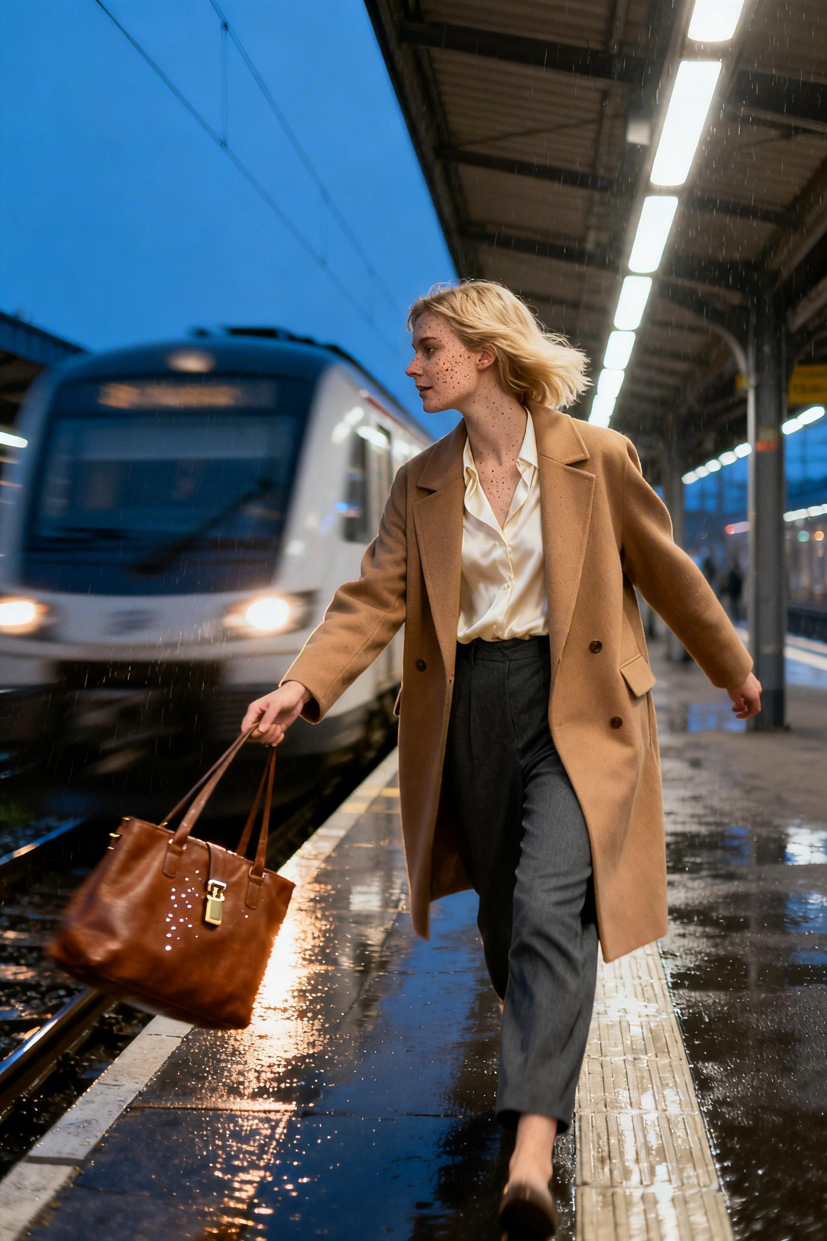 Cold Rainy Day Outfit Casual - camel coat cream blouse charcoal pants