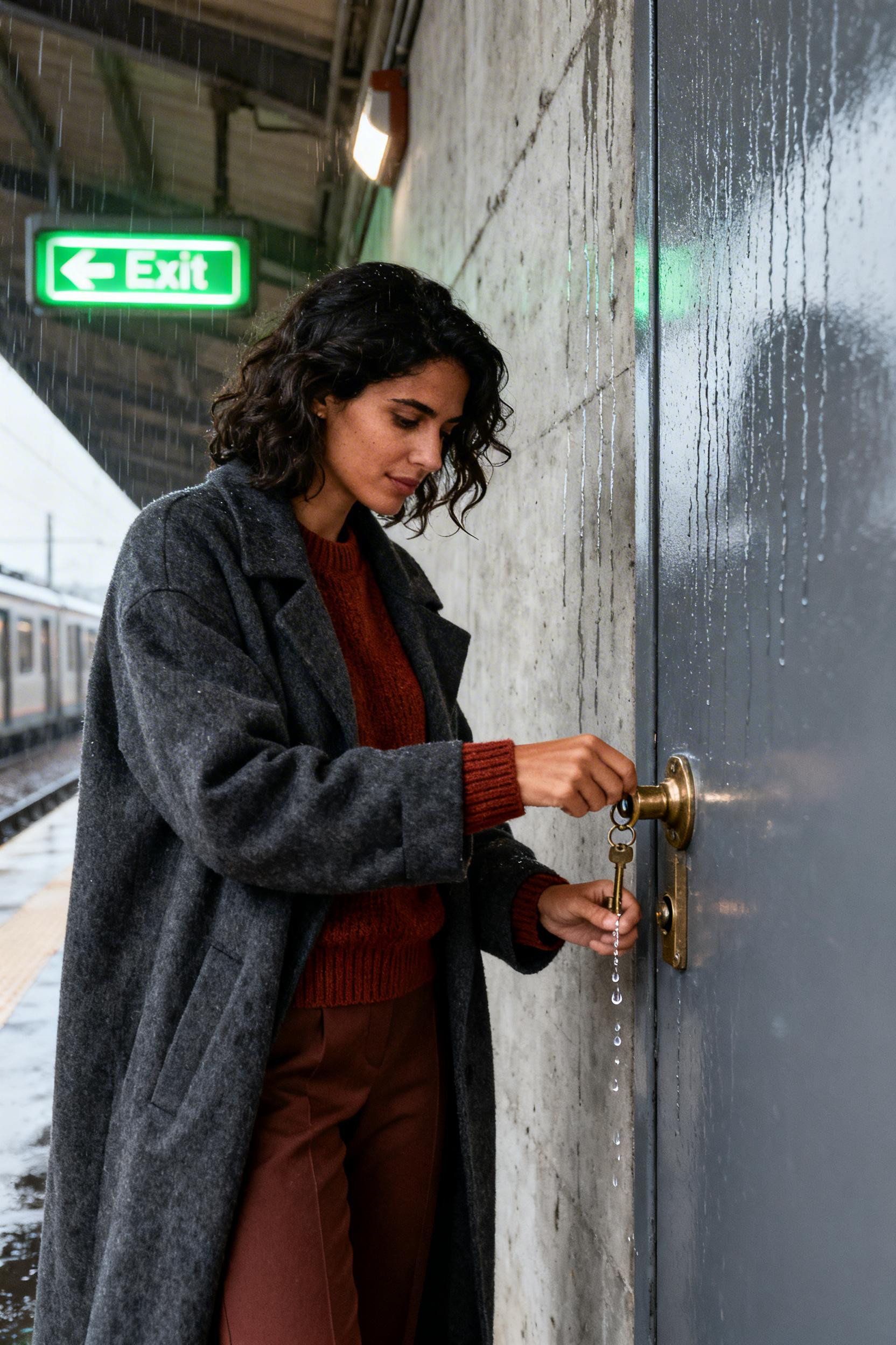 Rainy Day Corporate Outfit - charcoal coat rust blouse black trousers