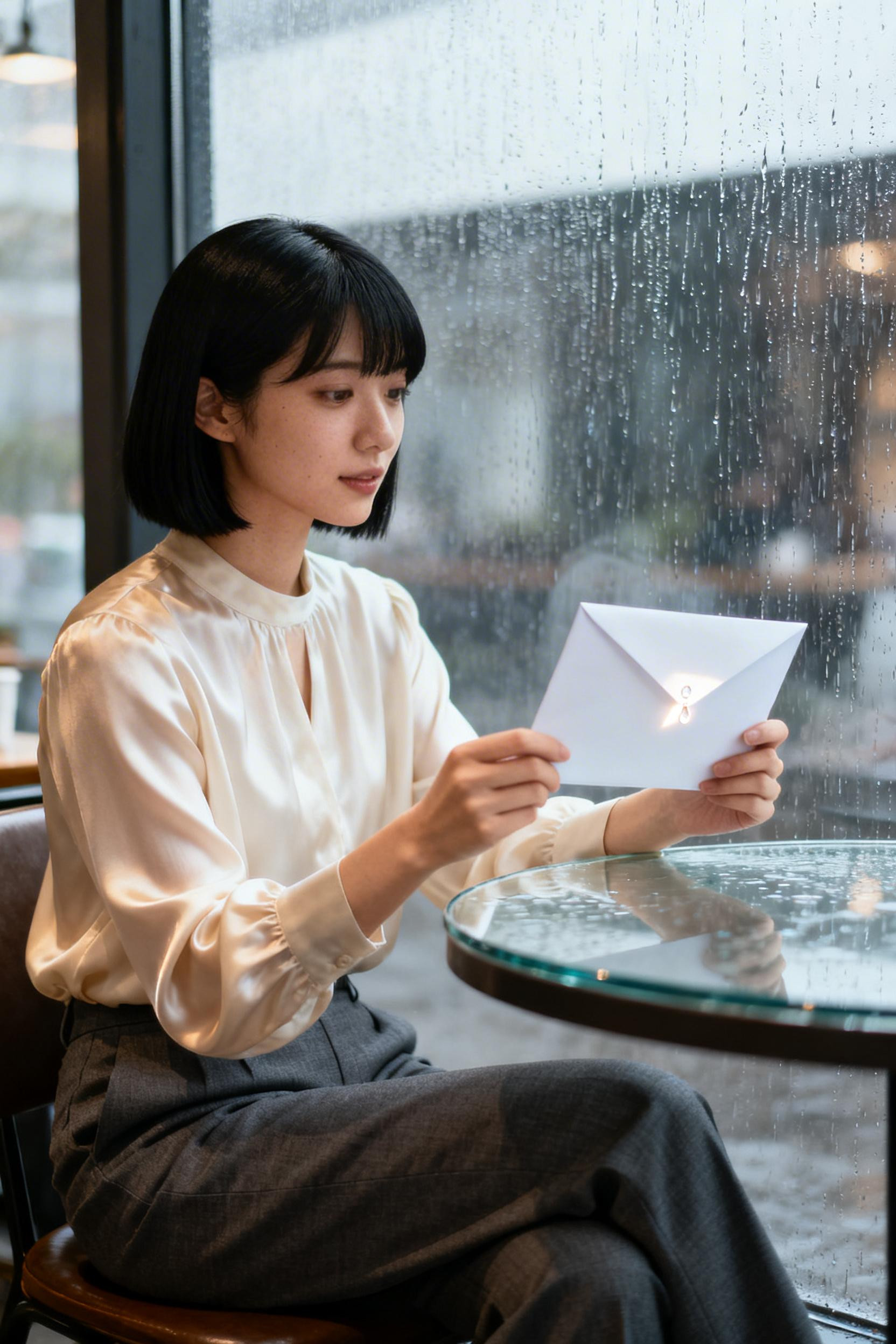 Rain Office Outfit - cream silk blouse charcoal trousers