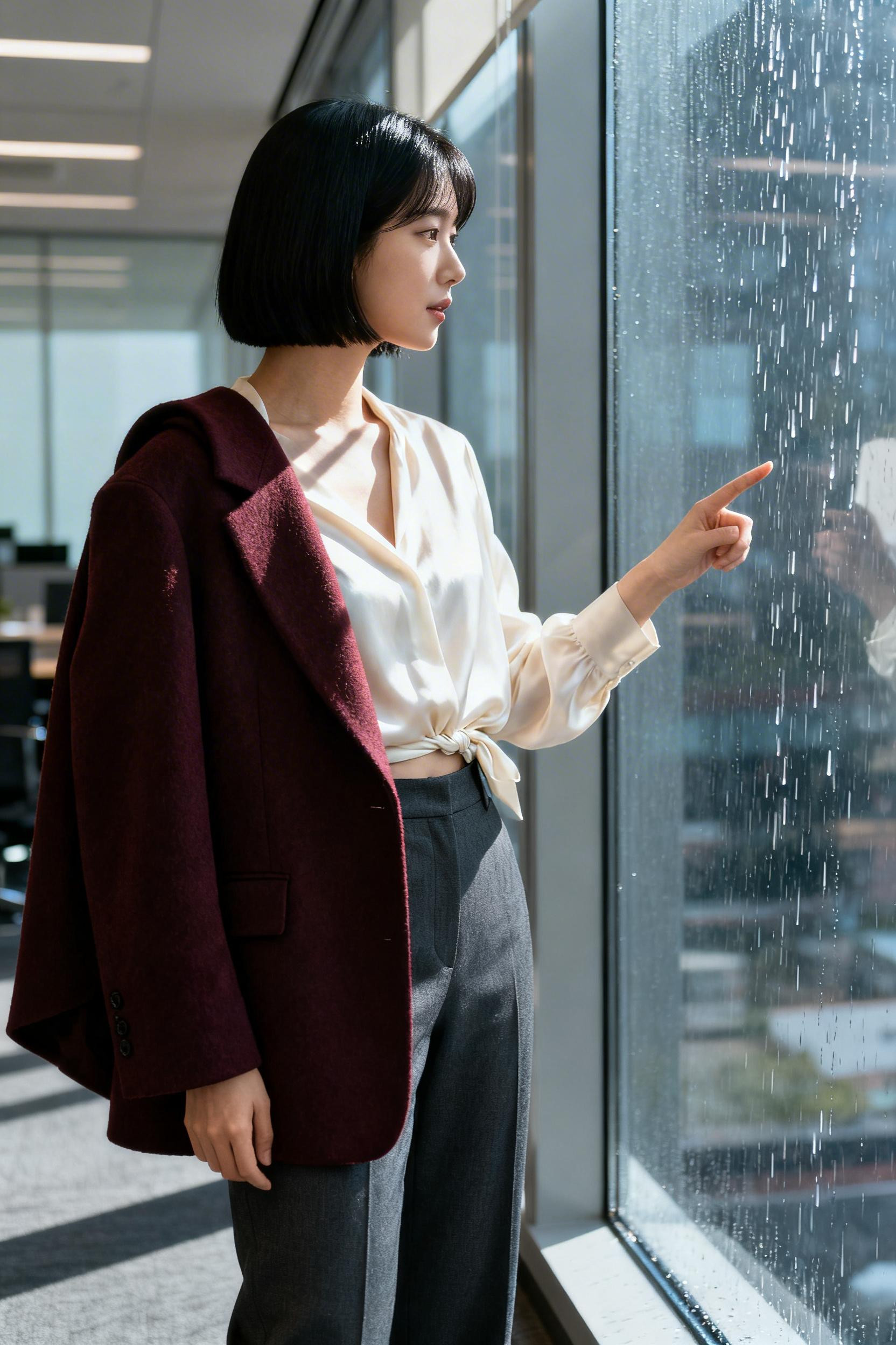 Cold Rainy Day Outfit Work - burgundy coat cream blouse charcoal trousers
