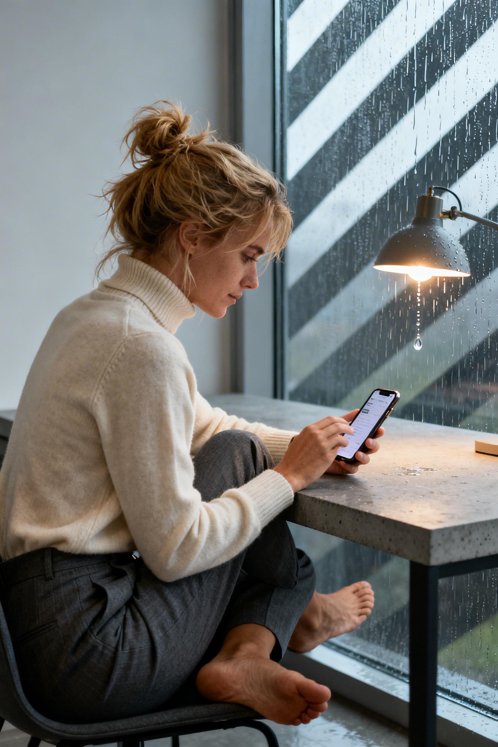 Rainy Day Work Outfit Professional - cream turtleneck charcoal trousers