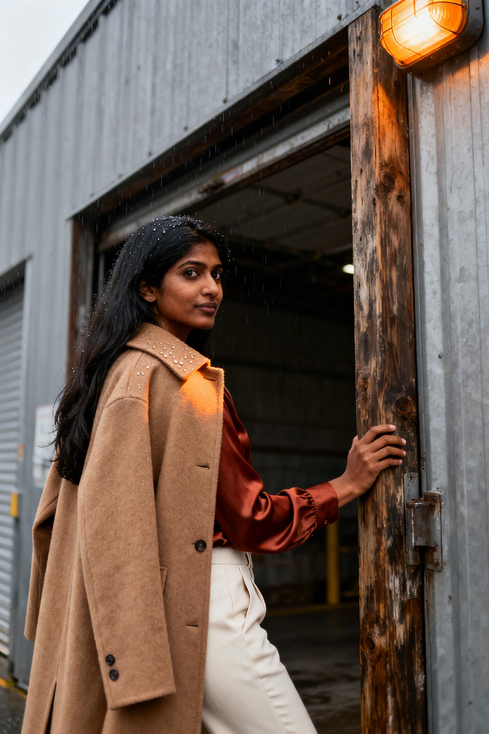 Rainy Day Work Outfits Women - camel coat rust blouse cream trousers