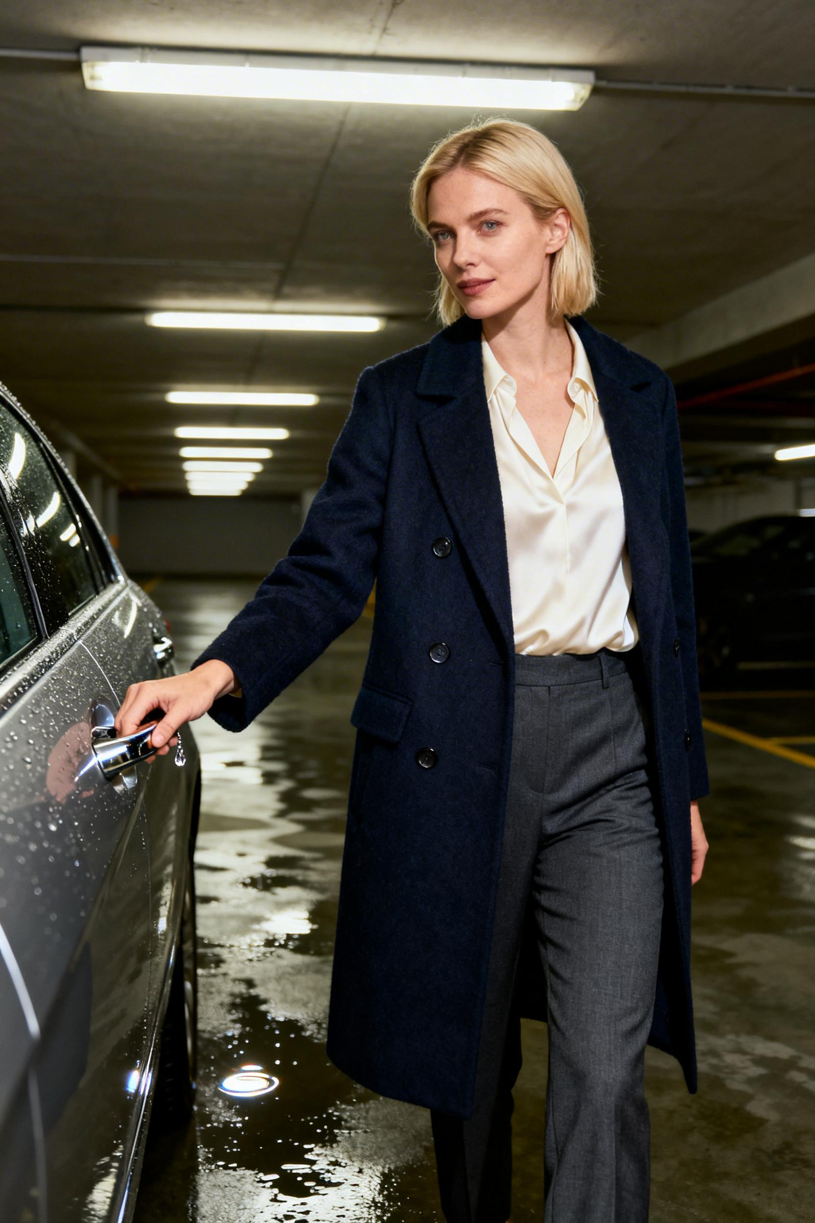 Fall Rainy Day Outfits Work - navy coat cream blouse charcoal trousers