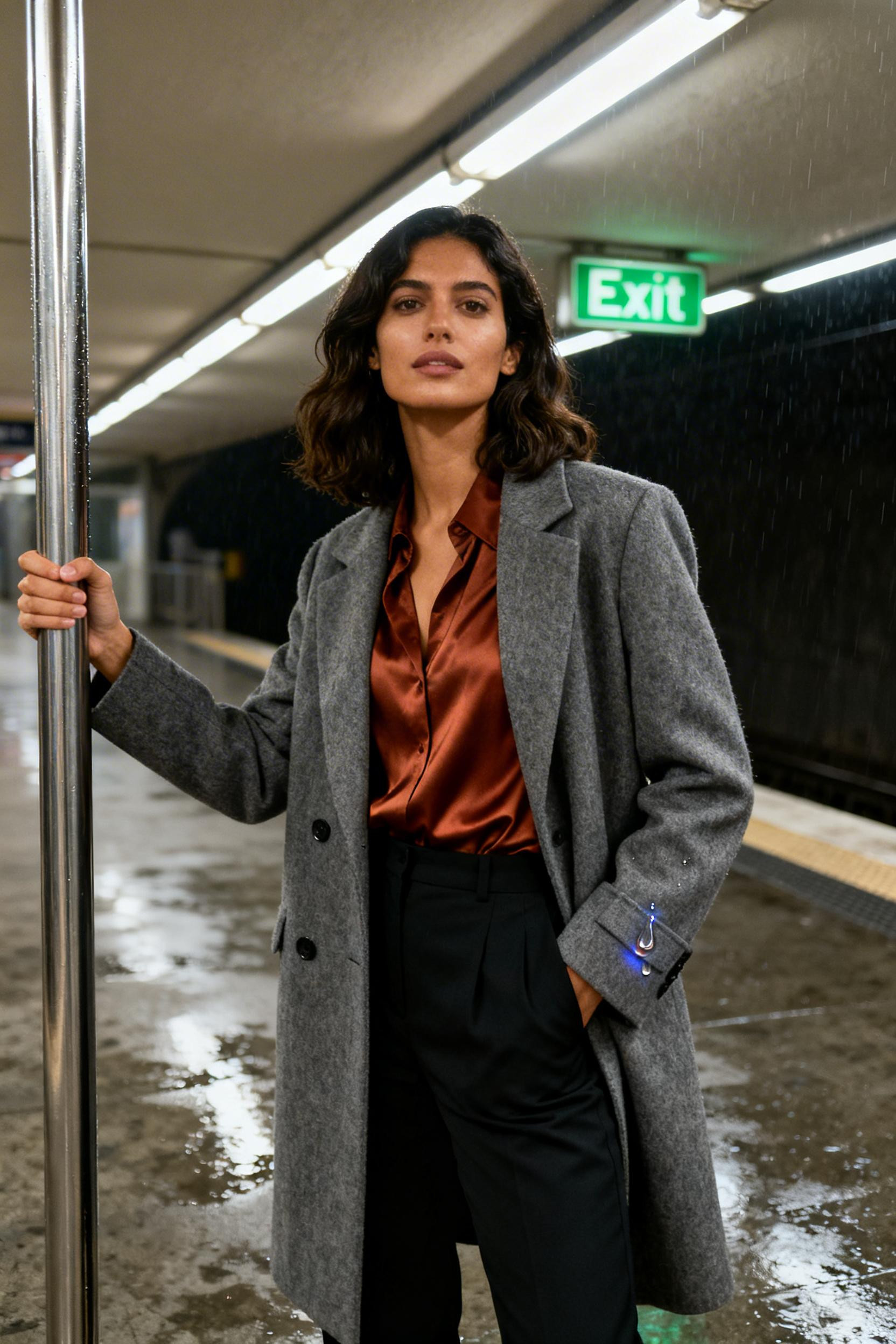 Rainy Day Corporate Outfit - grey coat rust blouse