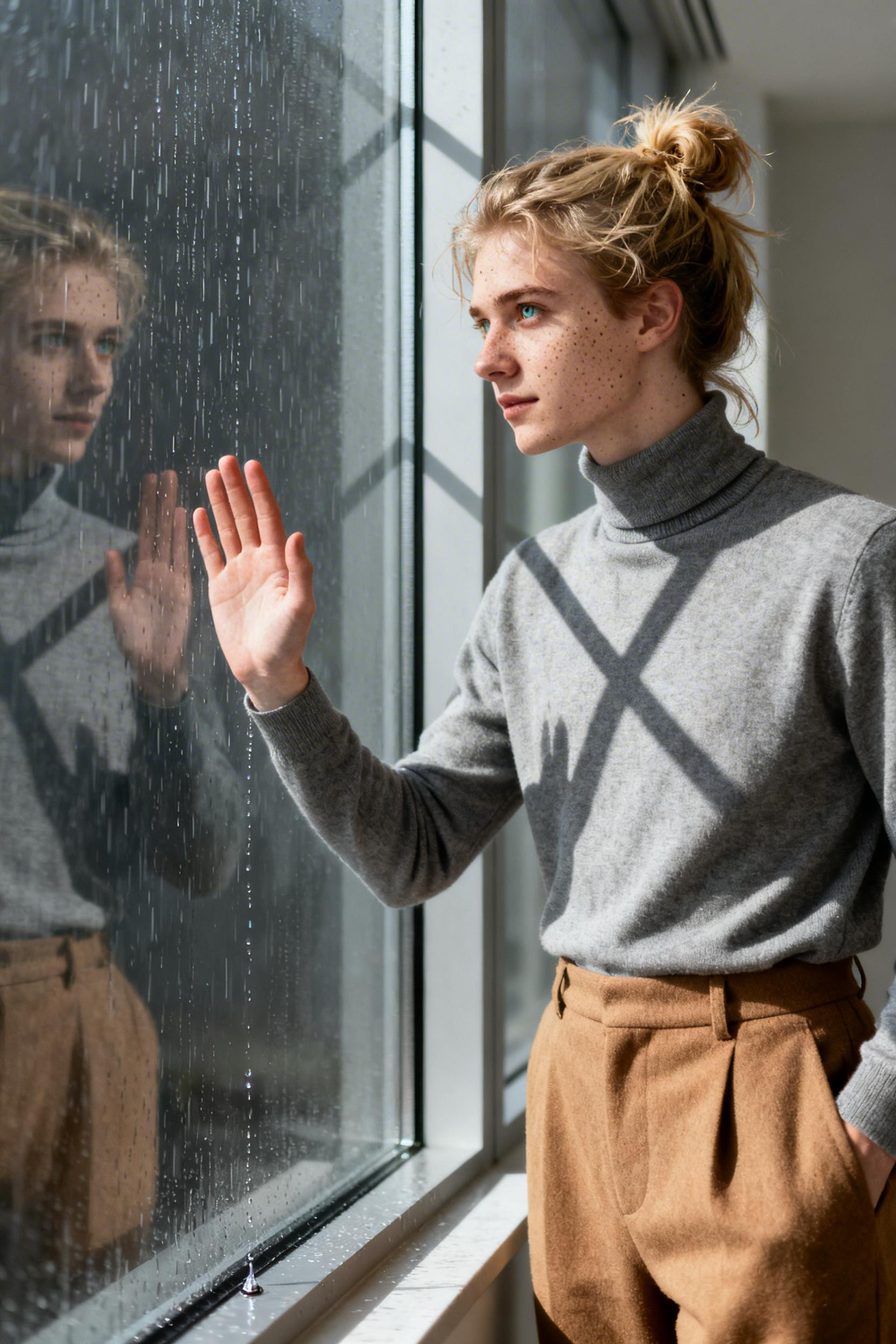 Rain Office Outfit - grey turtleneck camel trousers