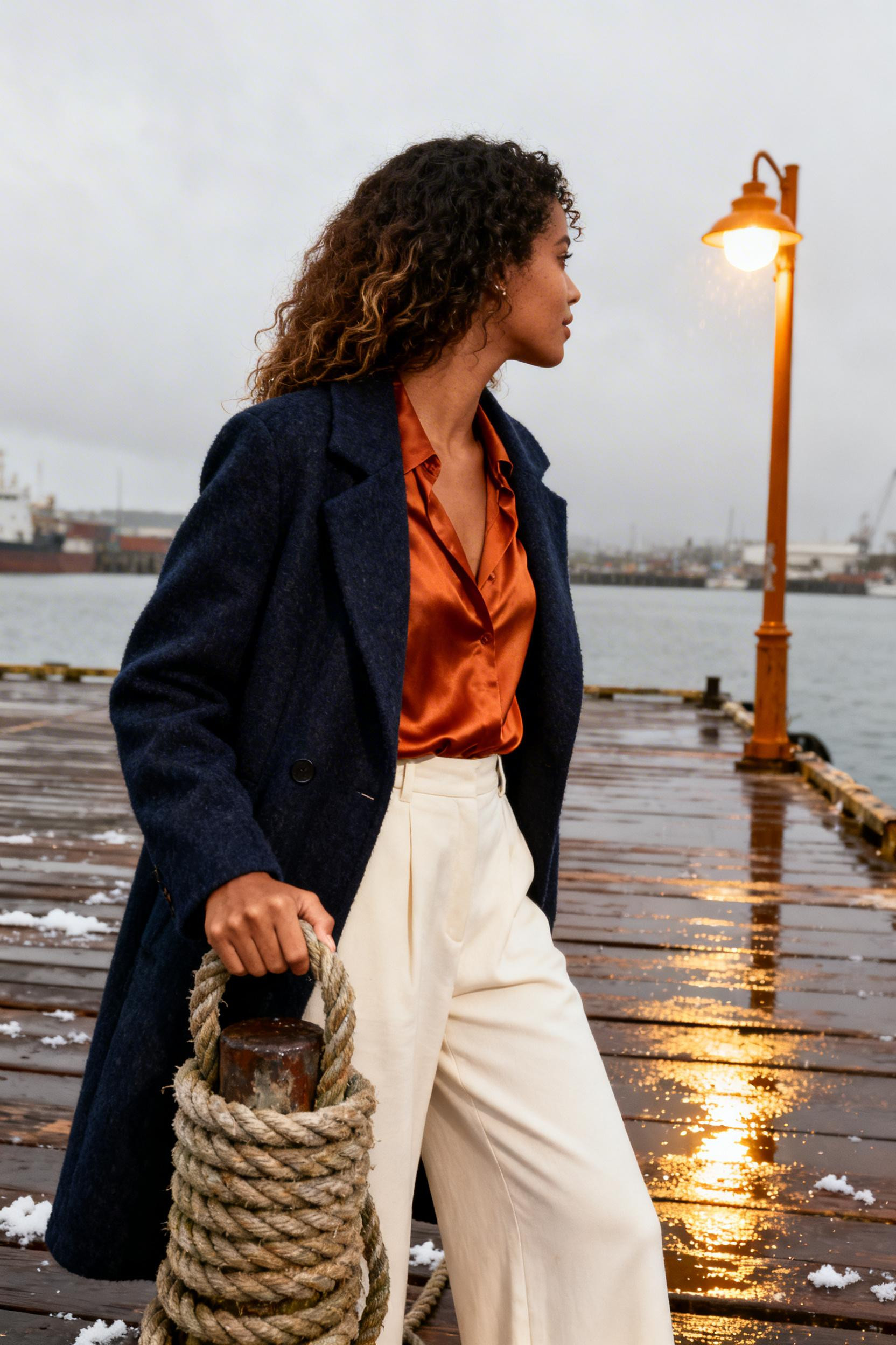 Cold Rainy Day Outfit Work - navy coat terracotta blouse