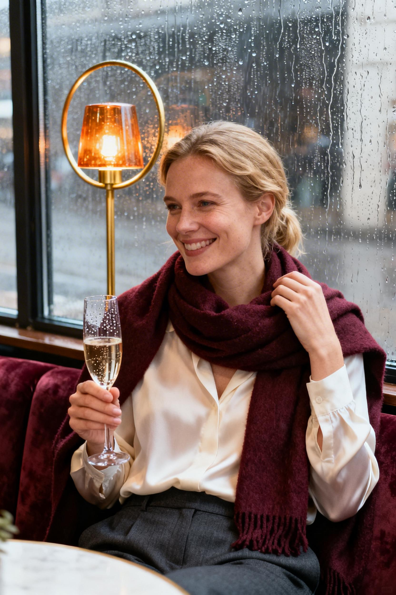 Work Outfits Women Rainy Day - burgundy scarf cream blouse
