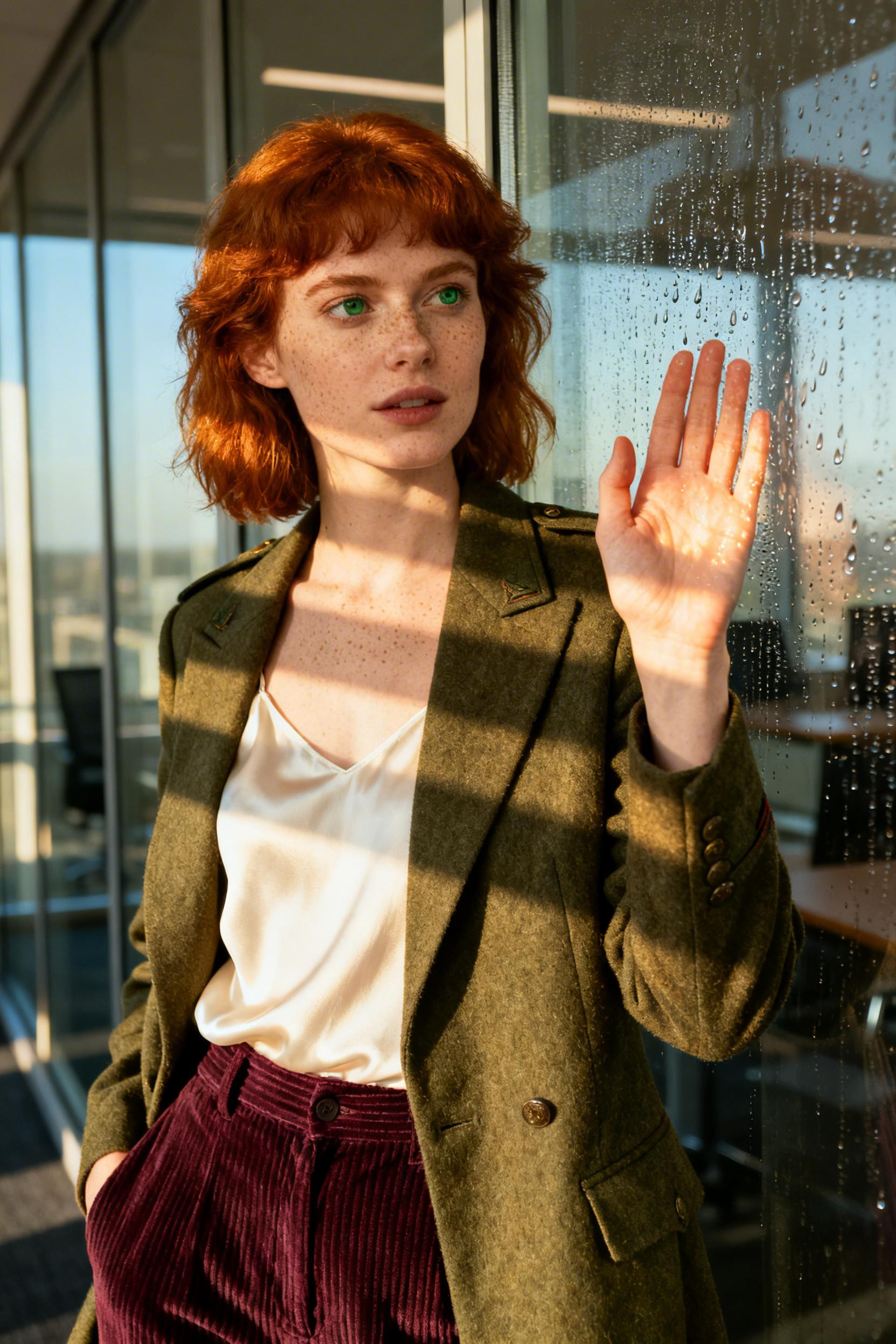 Rainy Day Work Outfit Professional - olive blazer burgundy trousers