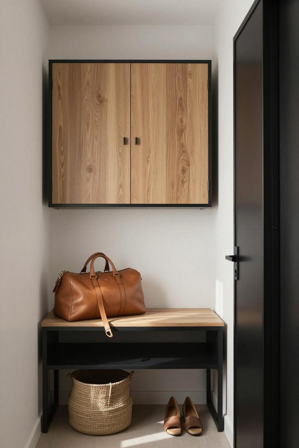 Foyer shoe cabinet with blackened steel frame and oak doors above bench