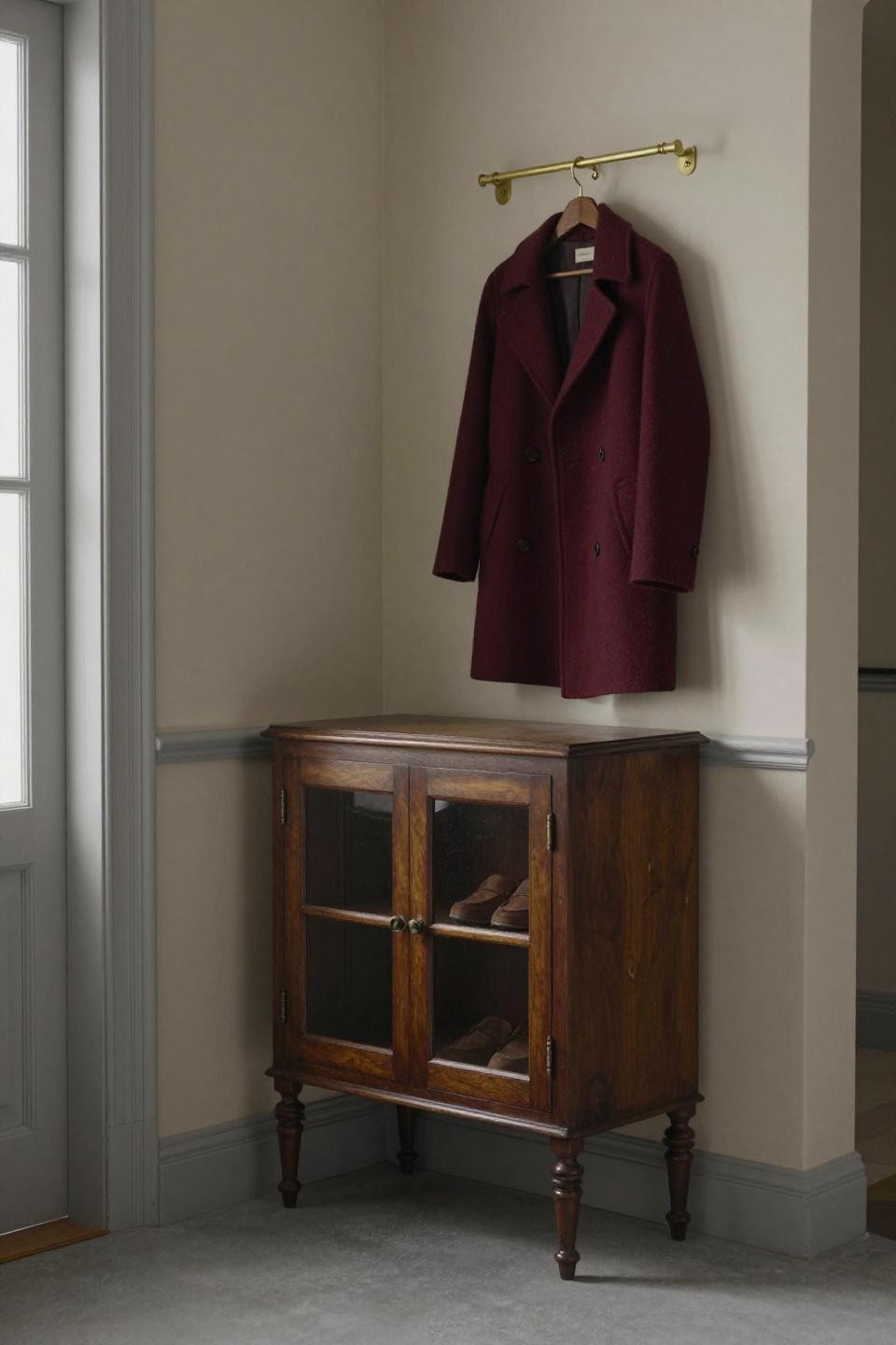 Foyer shoe storage with dark walnut cabinet and glass doors