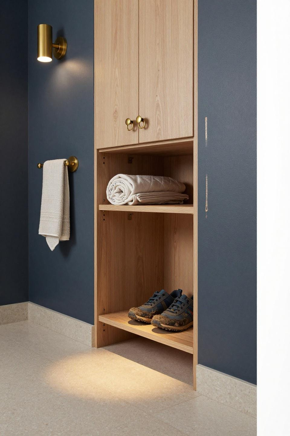Entrance shoe storage with concealed pull-down doors and brass sconce