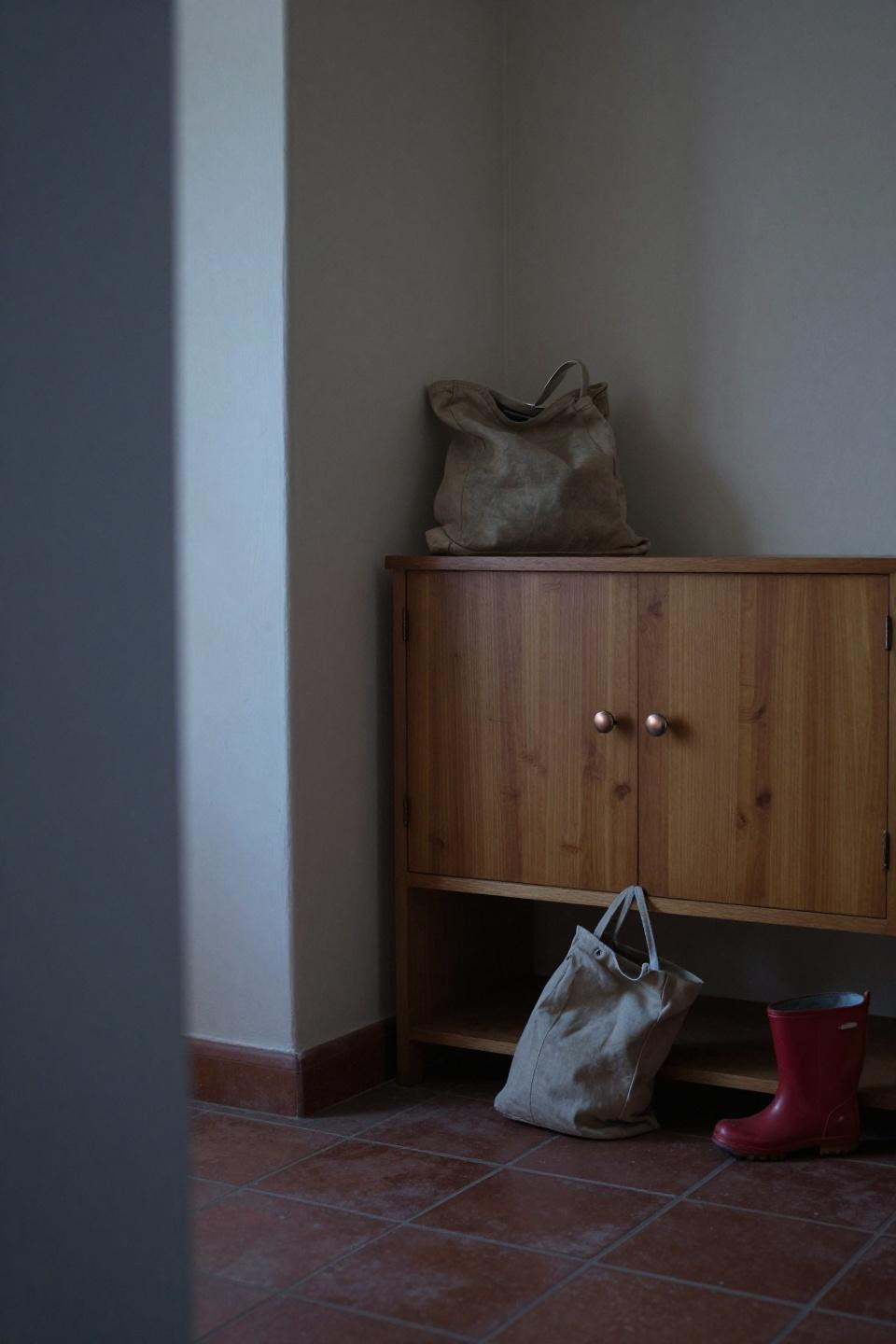 Shoe cabinet decor with honey pine and copper cup pulls in plaster wall