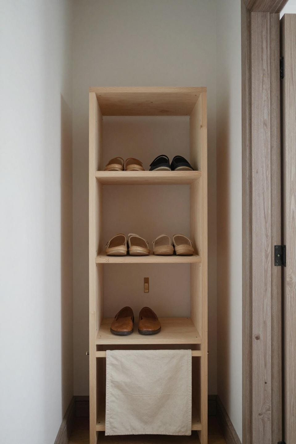Show cabinet entryway with raw birch plywood and finger joints