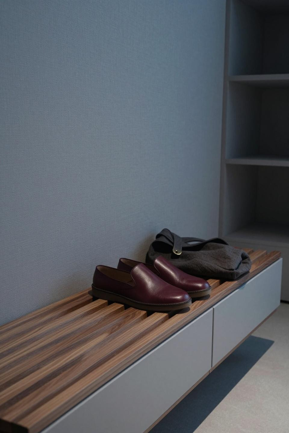 Shoes cabinet design entrance entryway with Japandi walnut slats and grey drawers