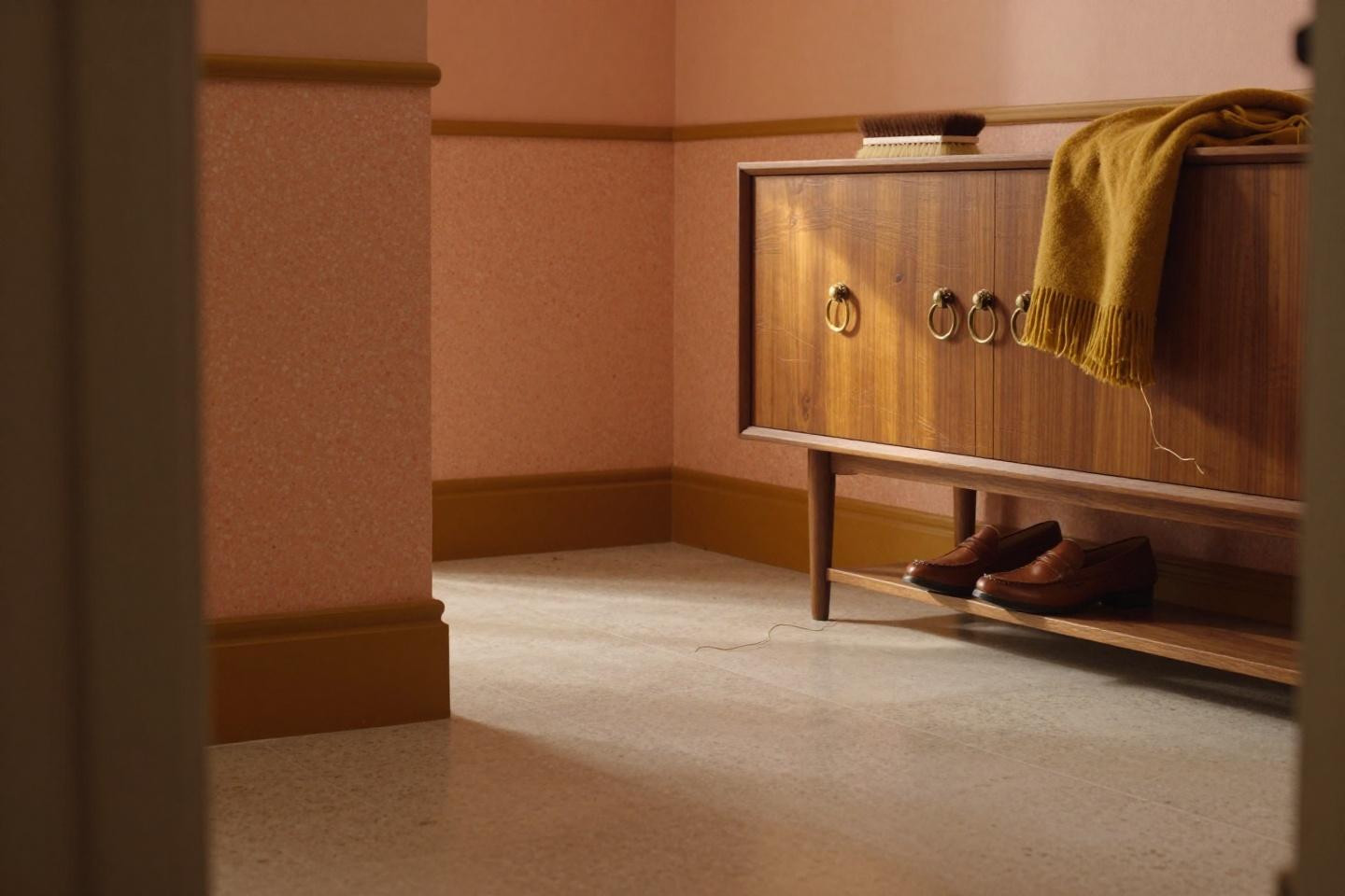 Entry way shoe storage ideas featuring walnut credenza with brass ring pulls