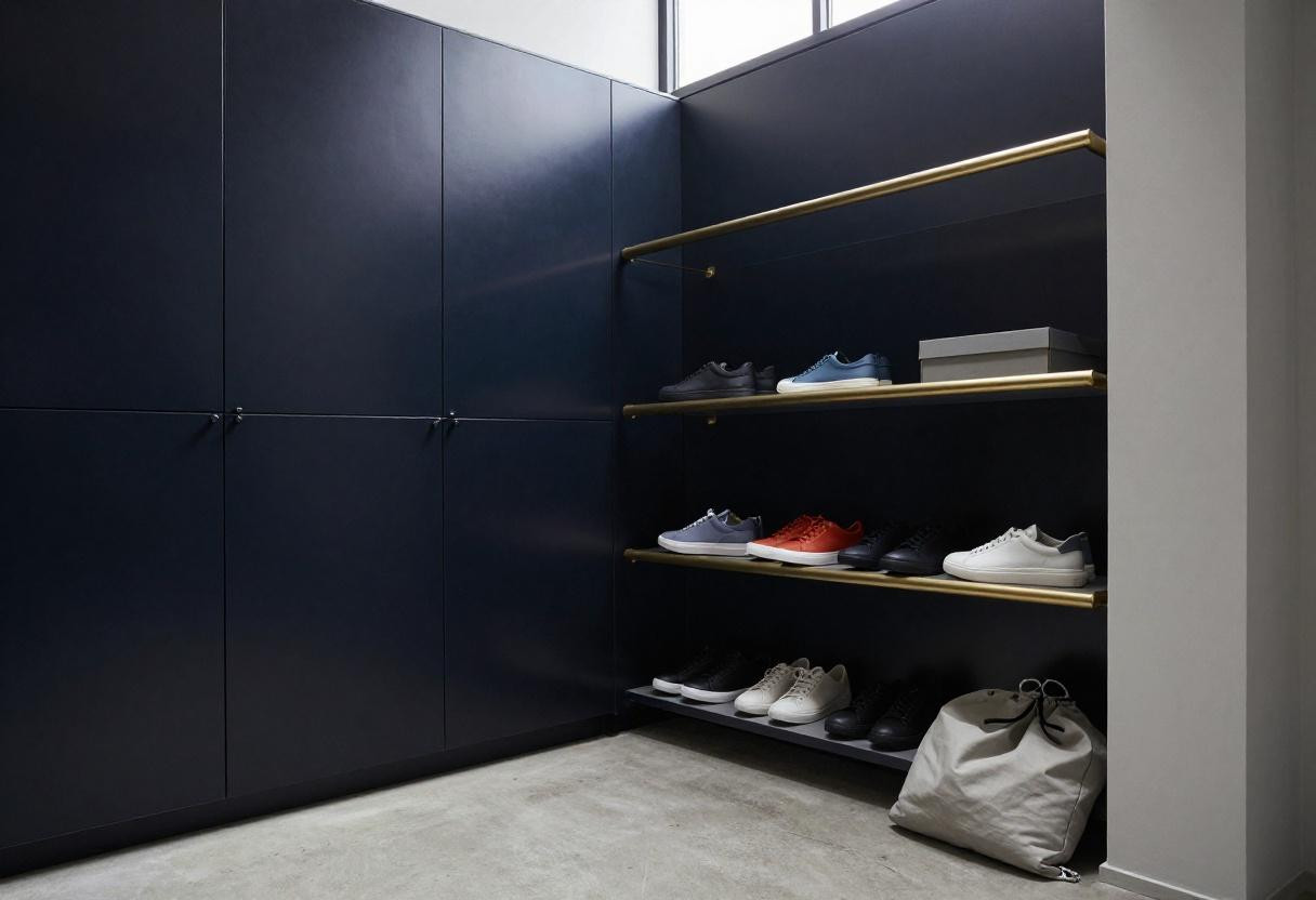 Foyer shoe cabinet with floor-to-ceiling indigo lacquered panels and brass rail