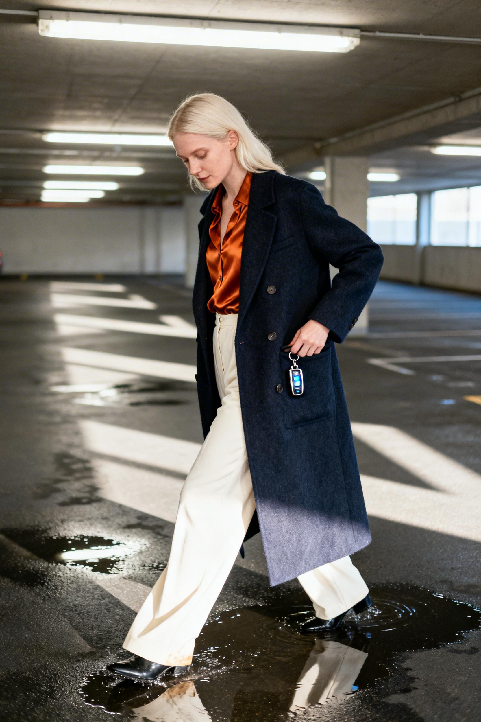 Classy Rainy Day Outfit - navy coat terracotta blouse wide-leg trousers