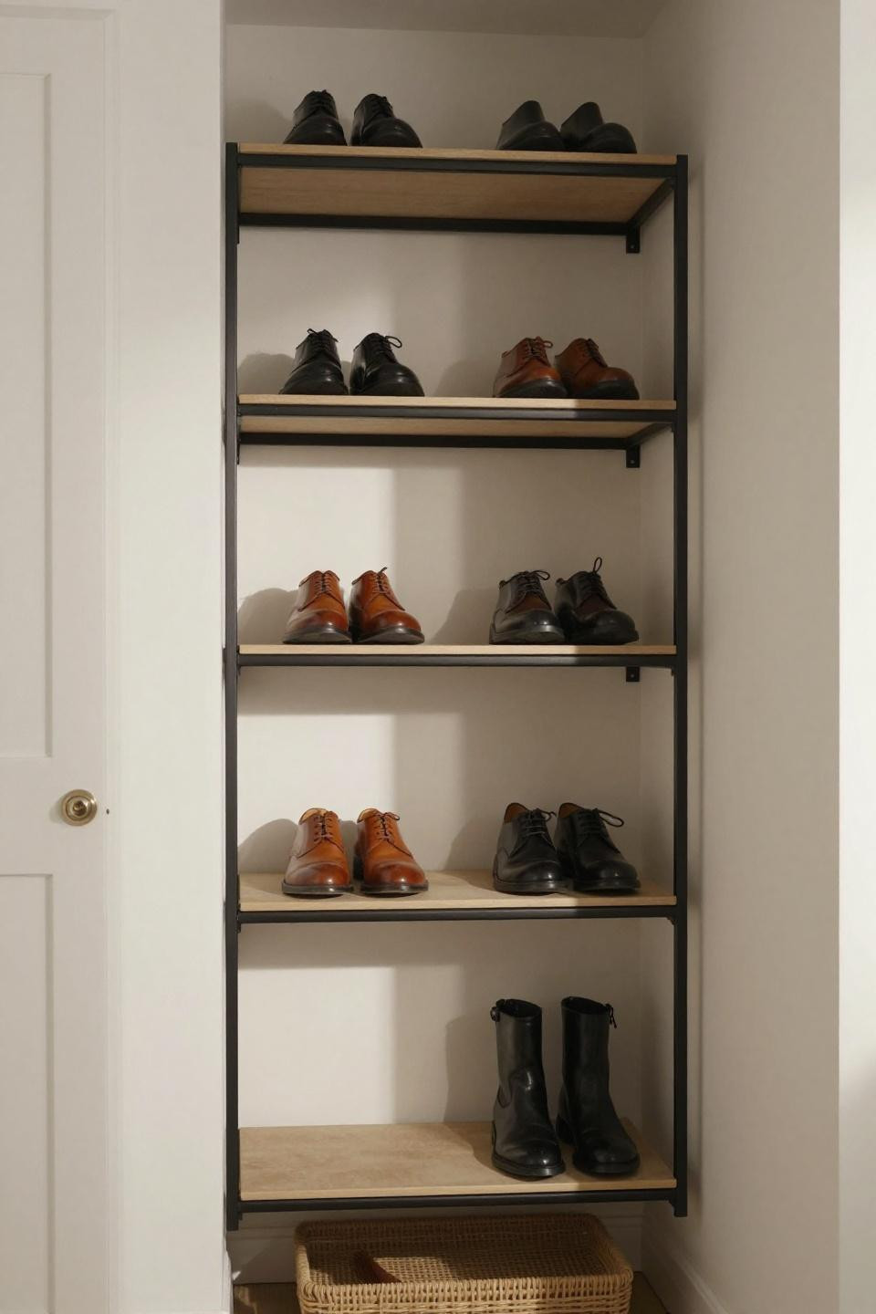 Shoes organizer ideas closet with minimalist blackened steel and canvas-backed shelf pods