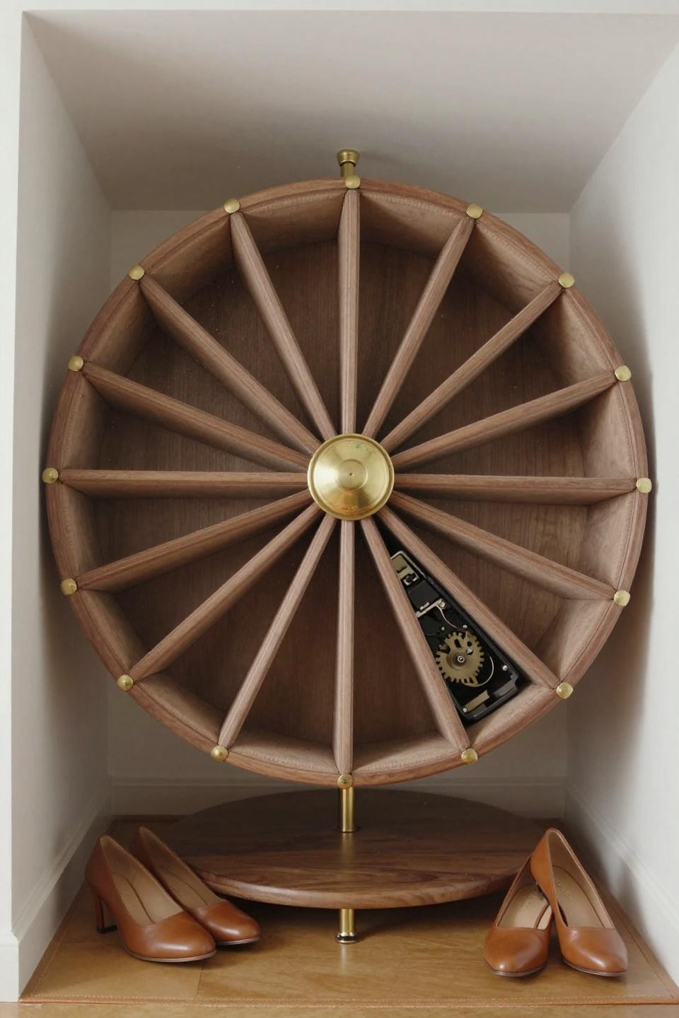 Shoes organizer ideas closet featuring walnut rotating carousel with twelve radial compartments