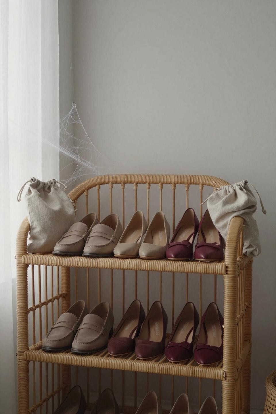 Shoes organizer ideas closet with rattan woven shelving displaying color gradient shoe collection
