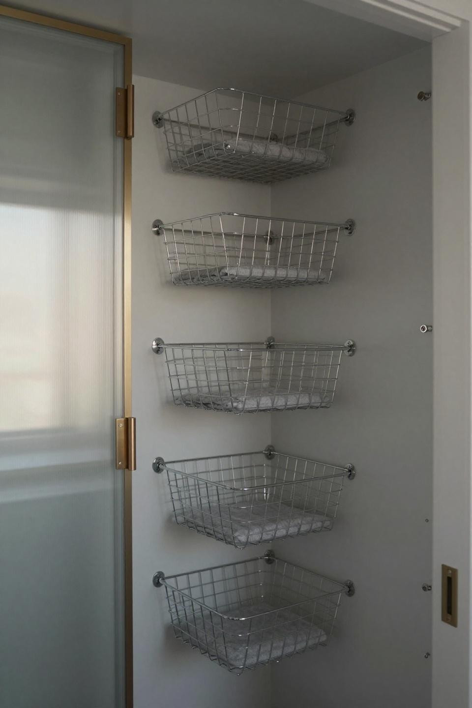 Shoes organizer ideas closet with glassed-in walk-in and chrome pull-out wire basket system
