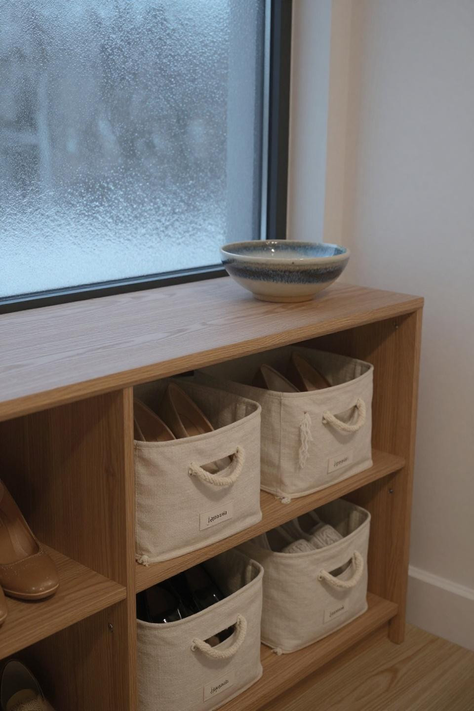 Shoe organizer closet featuring Japandi honey oak shelving with labeled cream linen storage bins