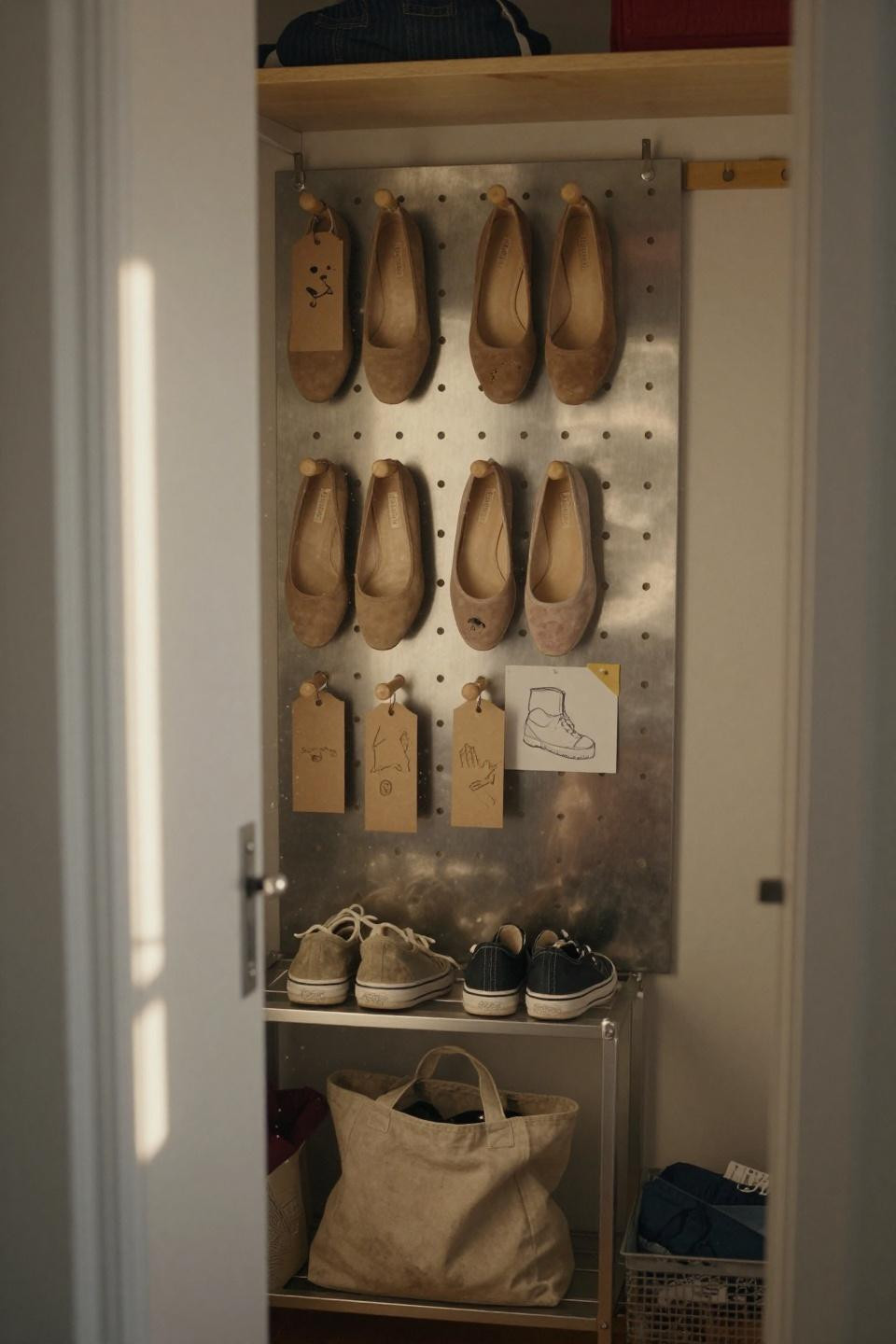 Small closet organization bedroom with wall-mounted pegboard and kraft paper tag system