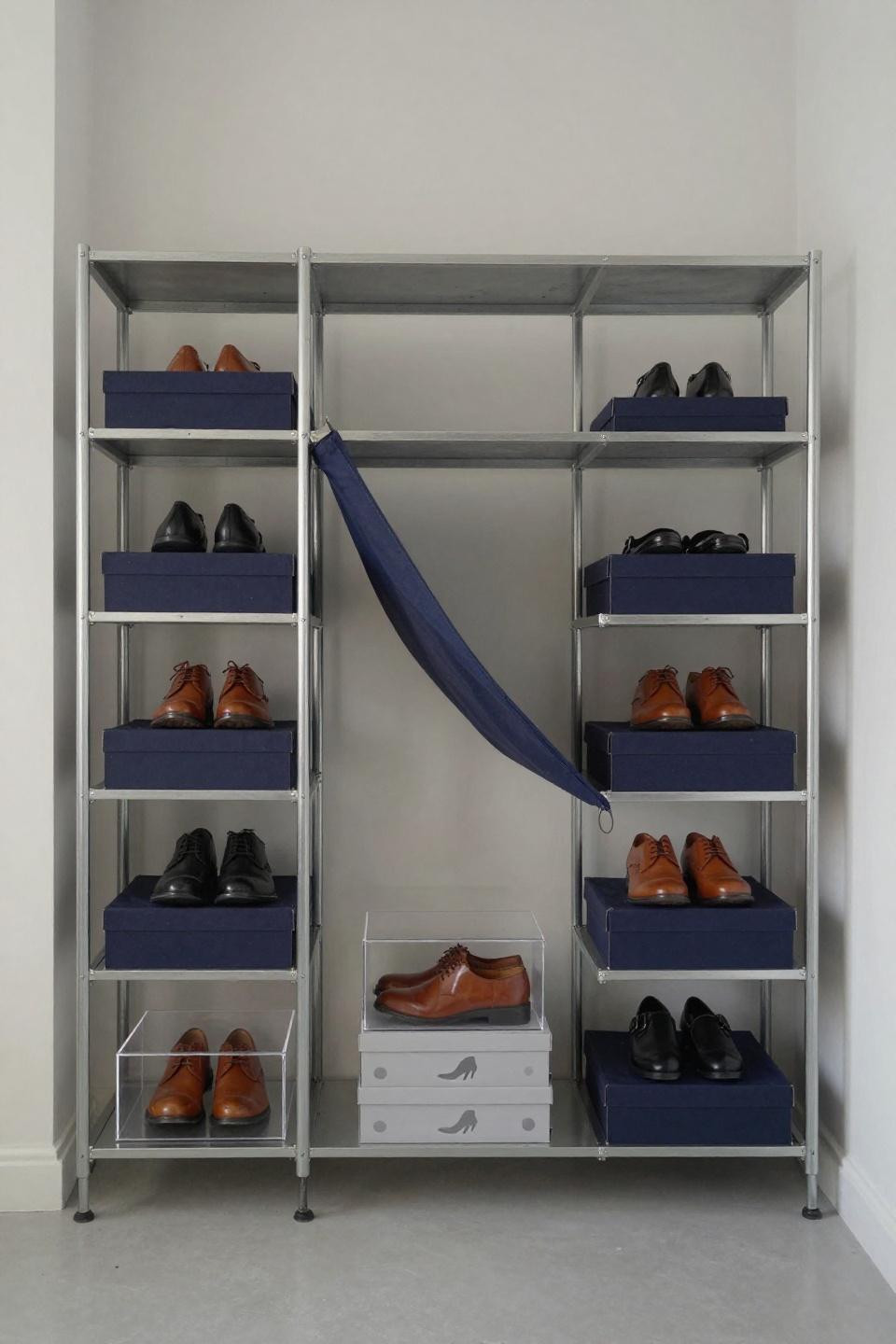 Shoe storage solutions with floor-to-ceiling steel shelving system and tiered canvas dividers