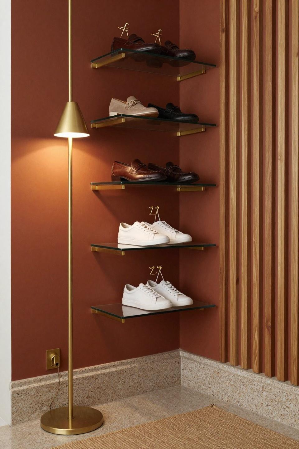 Wall closet design with honey-pine vertical slat backing and staggered floating glass shelves