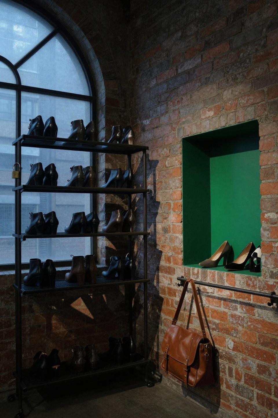 Small shoe closet ideas featuring industrial wrought-iron rack system against exposed brick wall