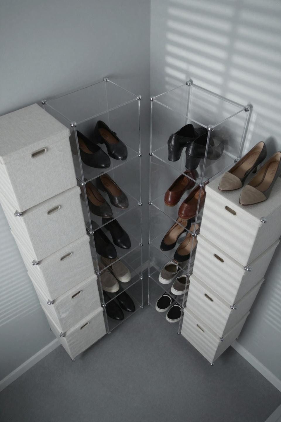 Shoe storage ideas bedroom with custom modular clear acrylic cube shelving and color blocking