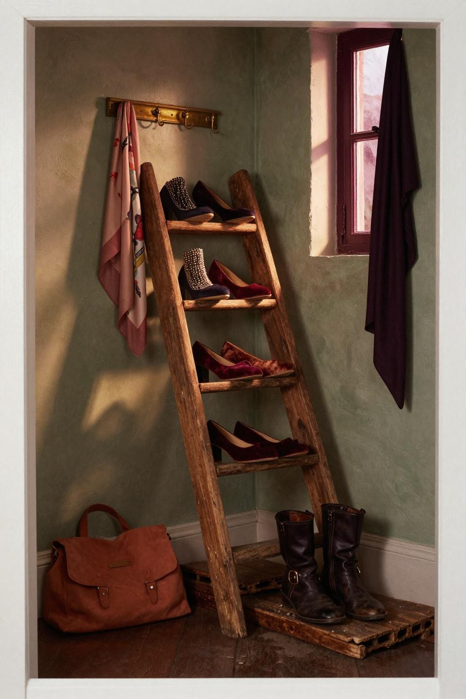 Tiny closet organization with vintage reclaimed timber shoe ladder and bohemian styling