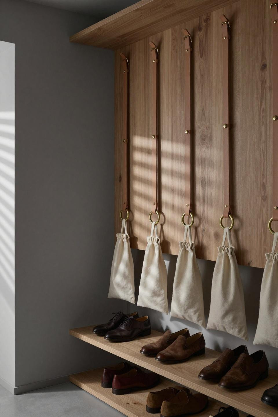 Creative shoe storage ideas using leather straps and brass rings on bleached oak backing
