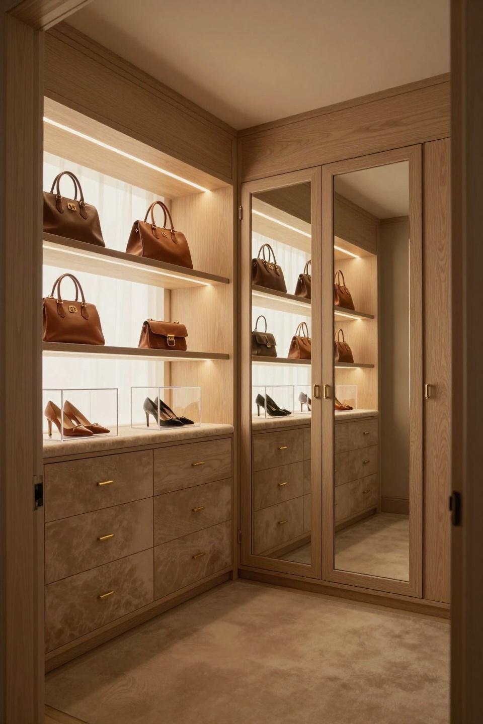 Handbag storage ideas with luxury dressing room built-in cabinetry and illuminated shelves