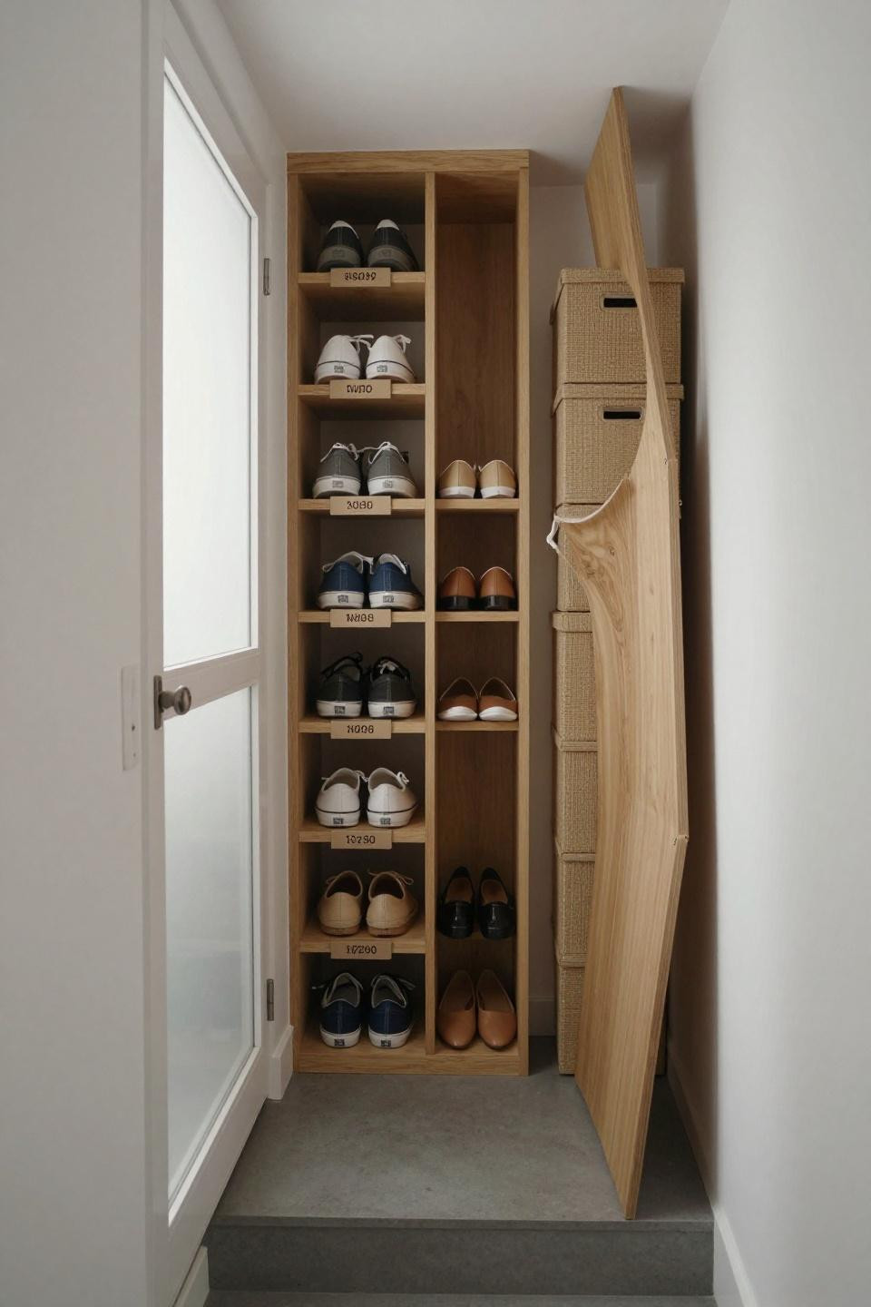 Closet shoe storage ideas with custom slotted oak divider system under stairs