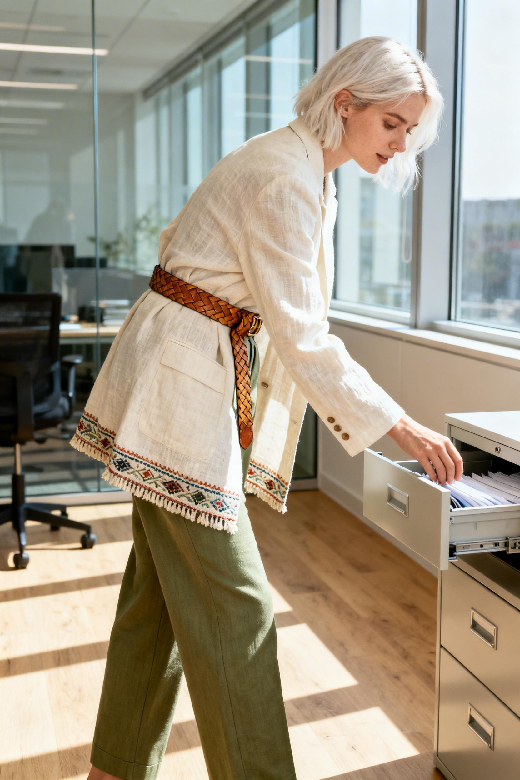 Boho Business Casual - cream linen blazer with embroidery