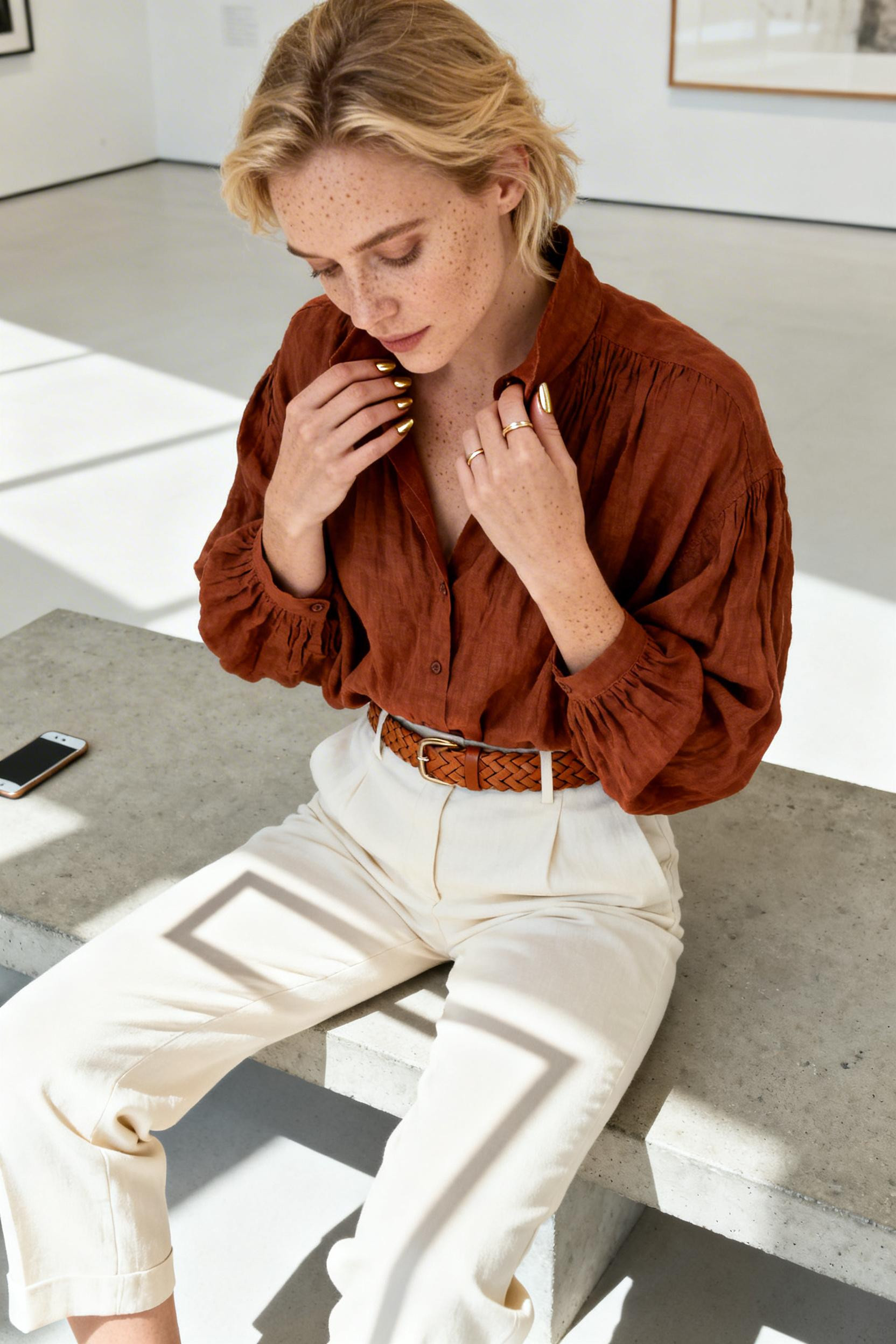 Hippie Office Outfit - burnt sienna linen shirt