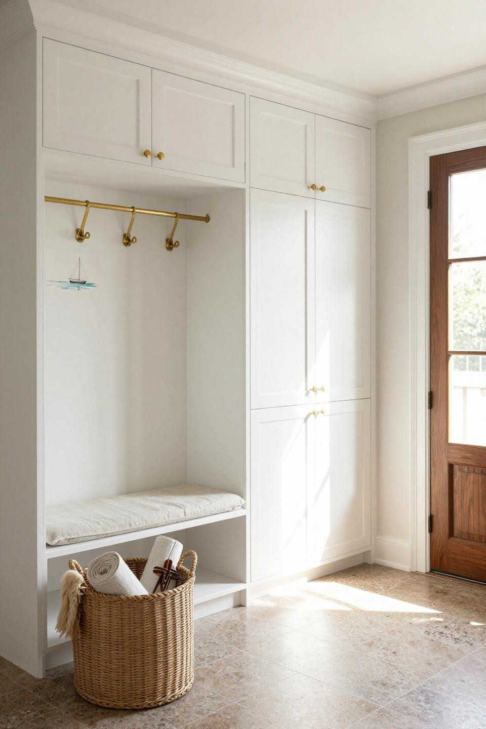Farmhouse mudroom with white oak cabinetry and antique brass hardware
